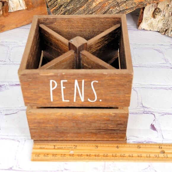 Rae Dunn PENS PENCILS Cup Spinning Wooden Holder - Picture 6 of 7